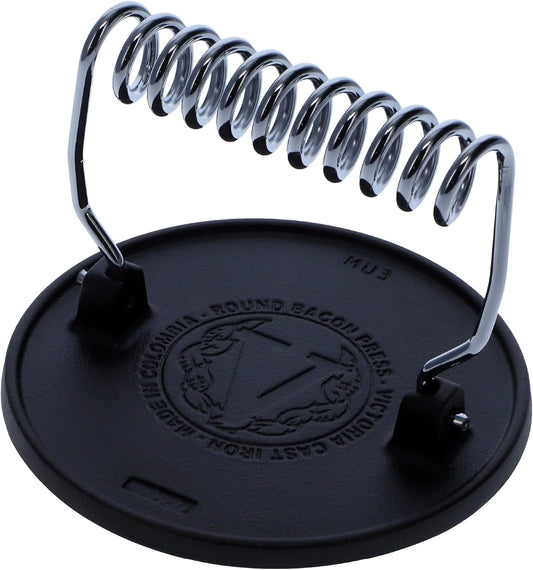 Victoria Round Cast Iron Meat Press with a Wire Handle, Preseasoned with Flaxseed Oil, Made in Colombia