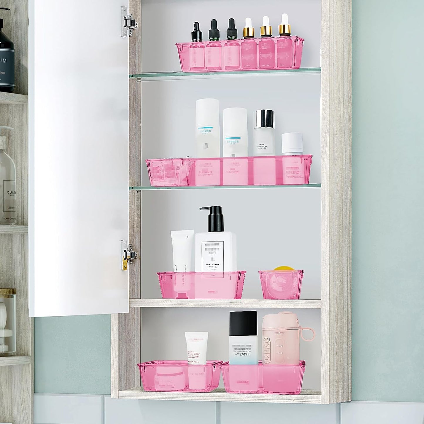 WOWBOX 25 PCS Plastic Drawer Organizer Set, 4 Sizes Desk Drawer Divider Organizers and Storage Bins for Makeup, Jewelry, Gadgets for Kitchen, Bedroom, Bathroom, Office, Clear Pink