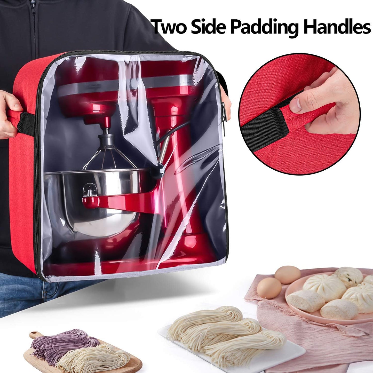 Luxja Dust Cover Compatible with 6-8 Quart KitchenAid Mixers (with a Bottom Padding Pad), Dust Cover (Clear Front Panel) for Stand Mixers and Extra Accessories, Red (Patented Design)