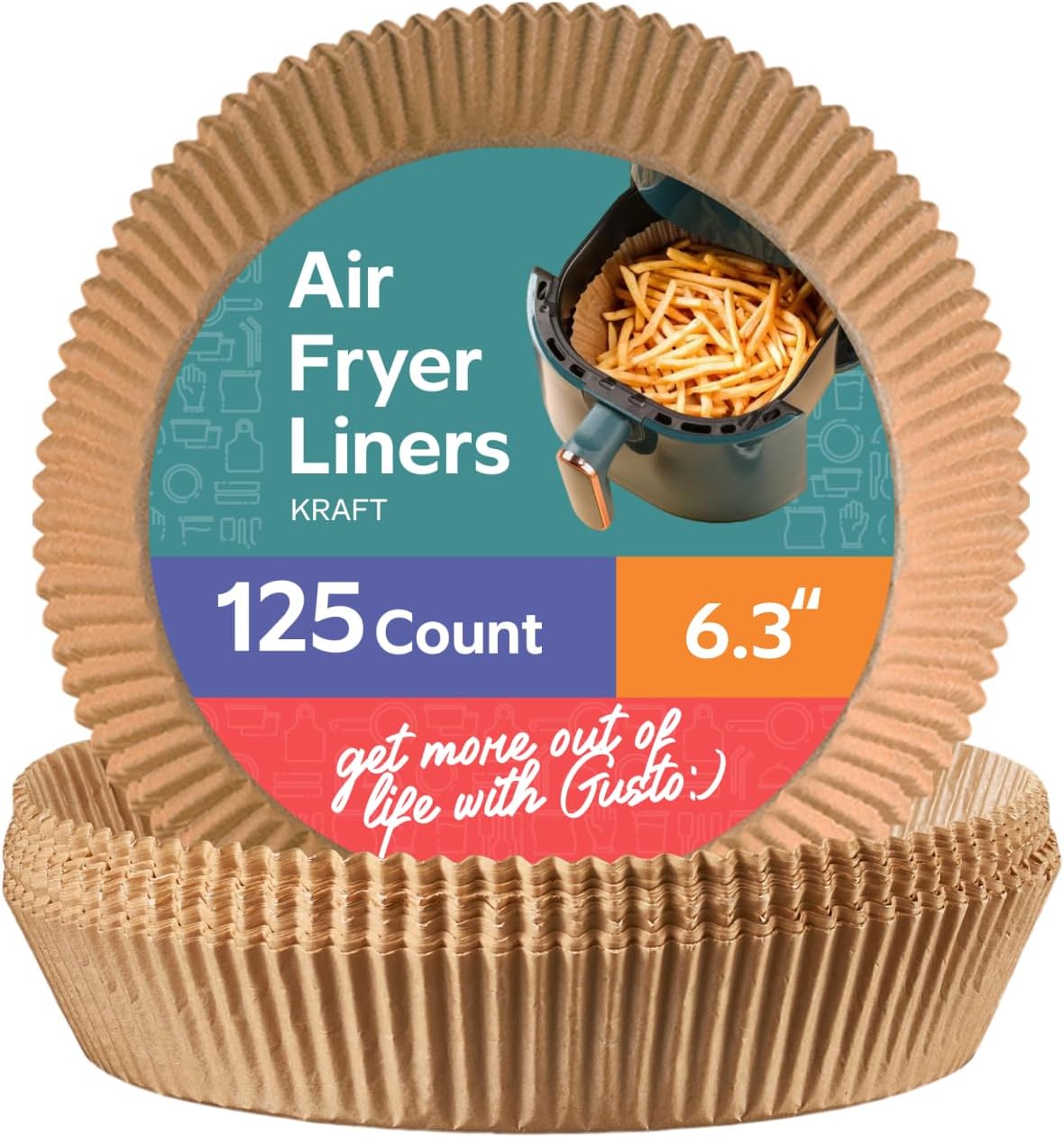 GUSTO [6.3 Inch - 125 Count] Round Air Fryer Liners Disposable – Non-Stick, Oil & Water Resistant Parchment Paper for Easy Cleanup – Fits 2-5 QT Air Fryers, Ovens & More (Formerly Comfy Package)