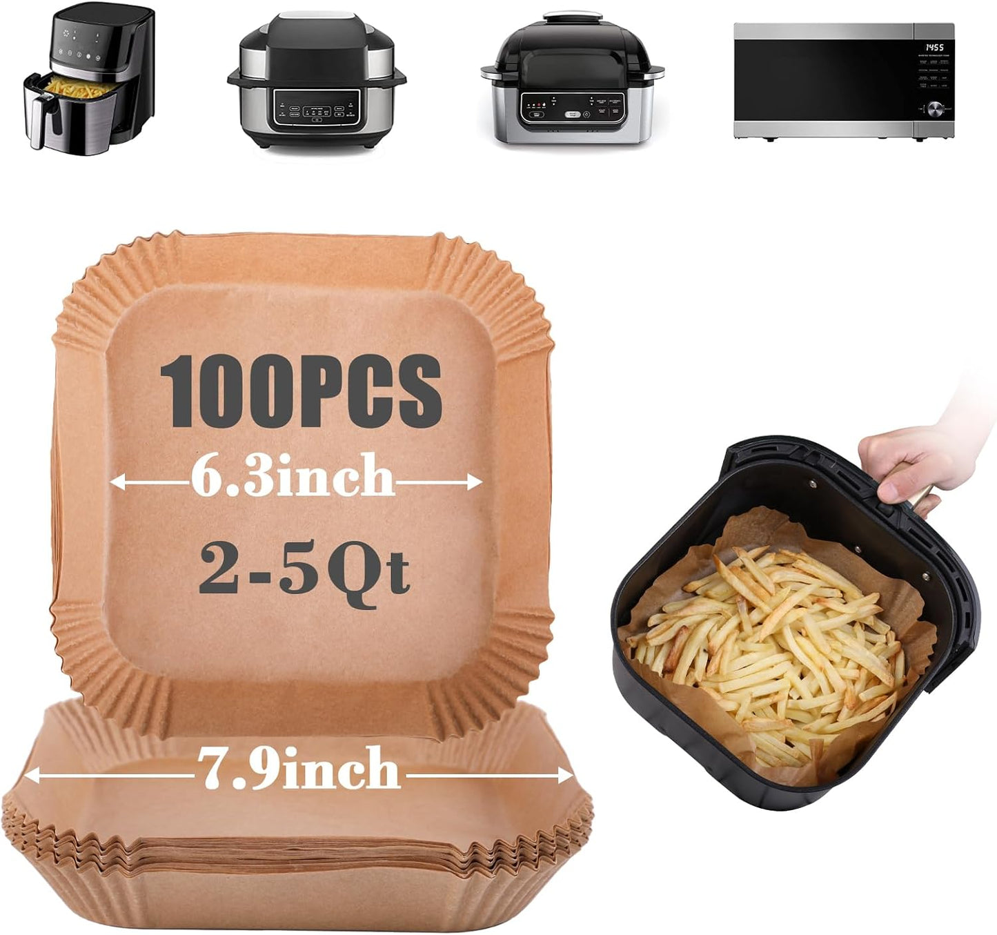 GOAUS Air Fryer 100pcs Square Paper Liners Disposable for 2 to 5 Qt Basket, 6.3 inch Unbleached Non-stick Oil-proof Parchment Paper