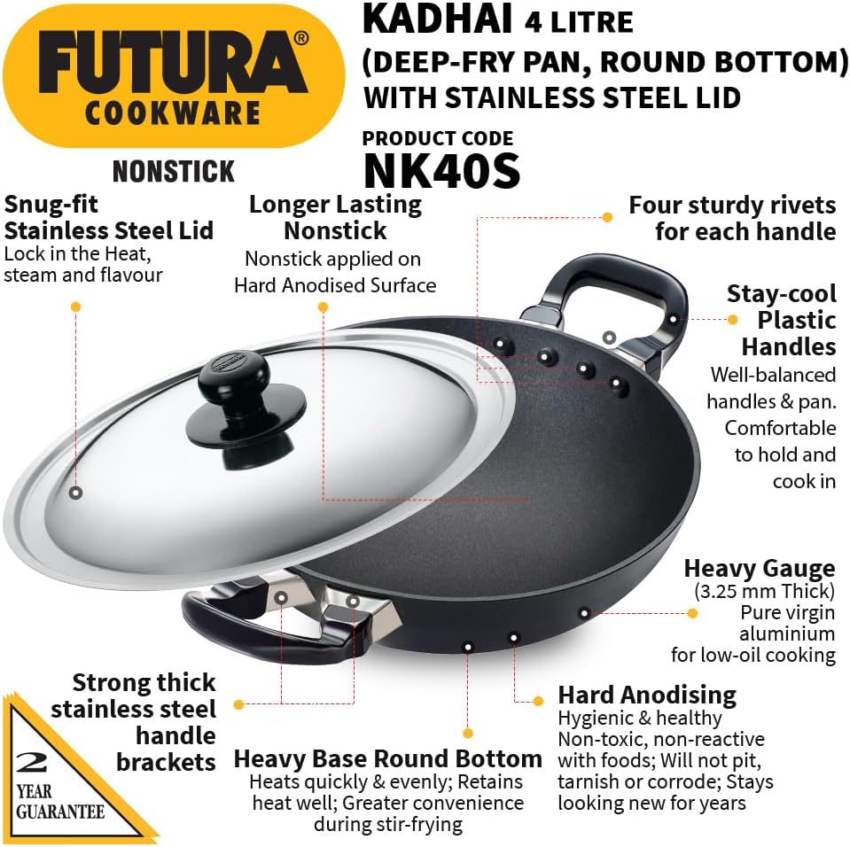 HAWKINS Futura Nonstick Kadhai 4 L, 30 cm, 3.25 mm with SS lid