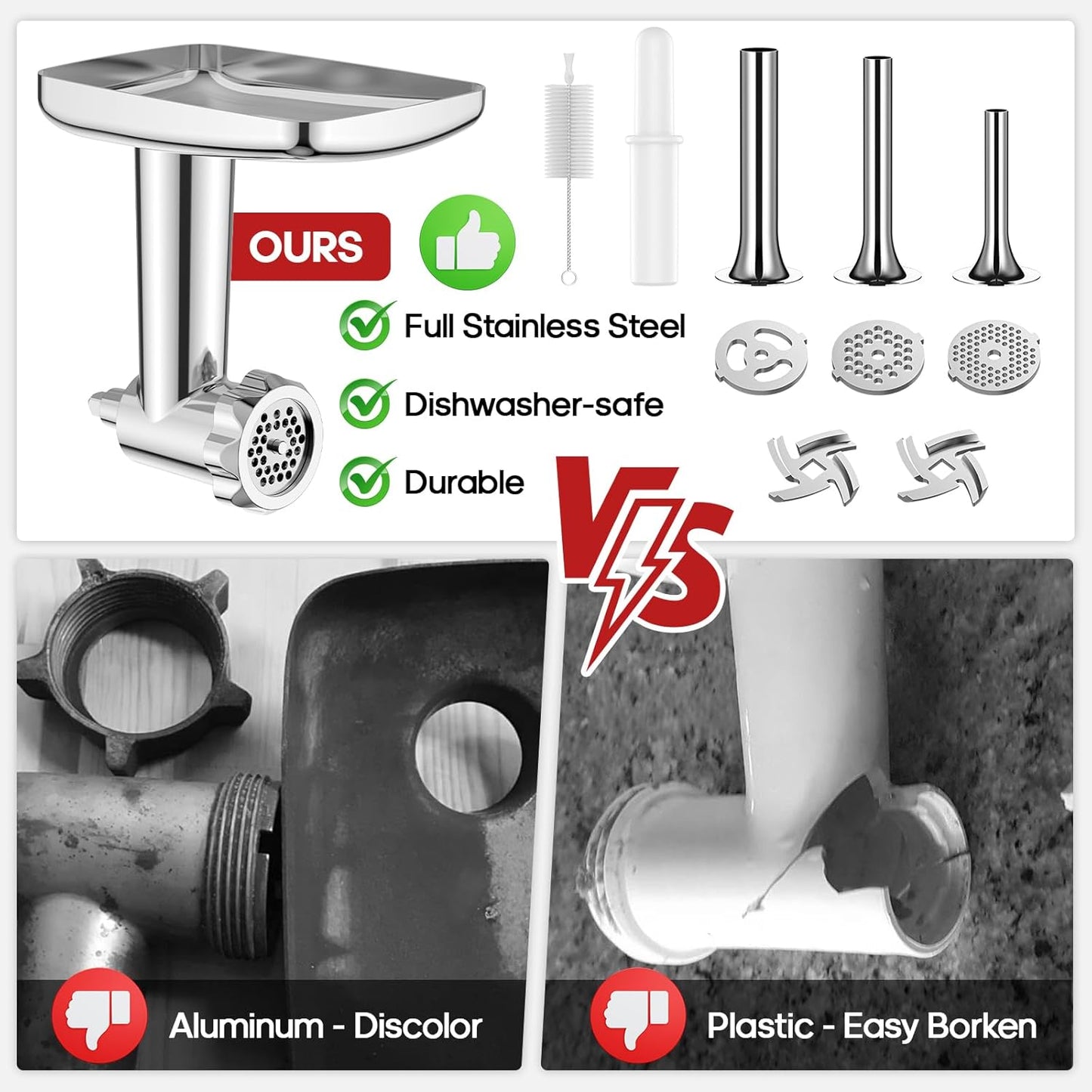 Stainless Steel Meat Grinder Attachment for KitchenAid Stand Mixer,Meat Grinder for KitchenAid Mixer Includes 3 Sausage Stuffer Dishwasher Safe Attachment by Gvode