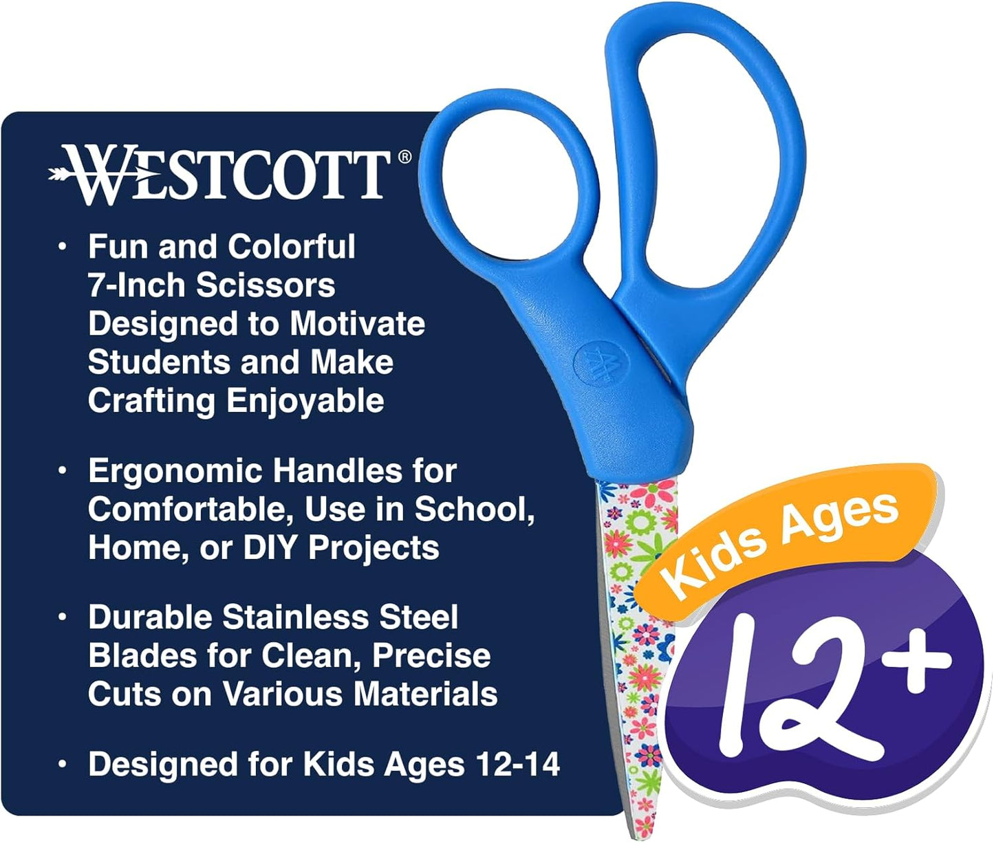 Westcott Fun and Fashionable Student Scissors for Ages 12+, Stainless Steel Floral-Printed Blades, Back-to-School, School Supplies, Classroom Supplies, 7-Inch