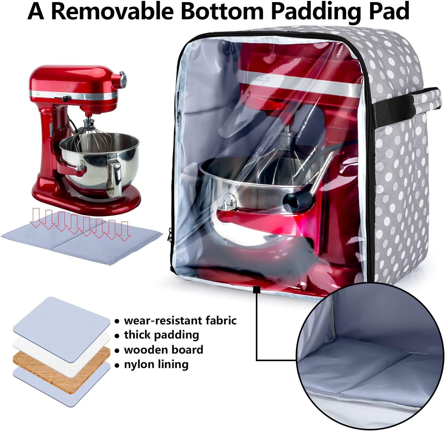 Luxja Dust Cover Compatible with 6-8 Quart KitchenAid Mixers (with a Bottom Padding Pad), Dust Cover (Clear Front Panel) for Stand Mixers and Extra Accessories, Gray Dots(Patented Design)
