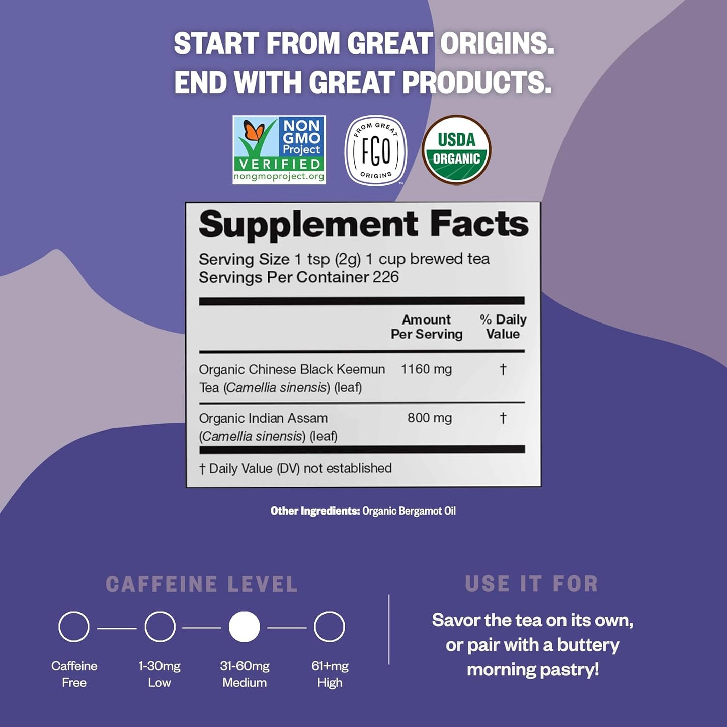 FGO Organic Earl Grey Black Tea, 16 Ounce Loose Leaf Bulk Resealable Bag, 16oz, Packaging May Vary (Pack of 1)