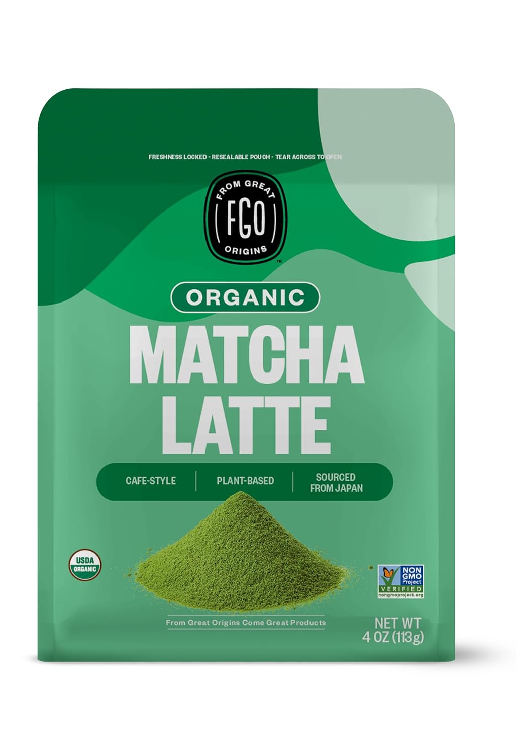 FGO Organic Matcha Latte Powder, 4 Ounce Resealable Bag, Japanese Matcha with Organic Cane Sugar, Lightly Sweetened, Packaging May Vary (Pack of 1)