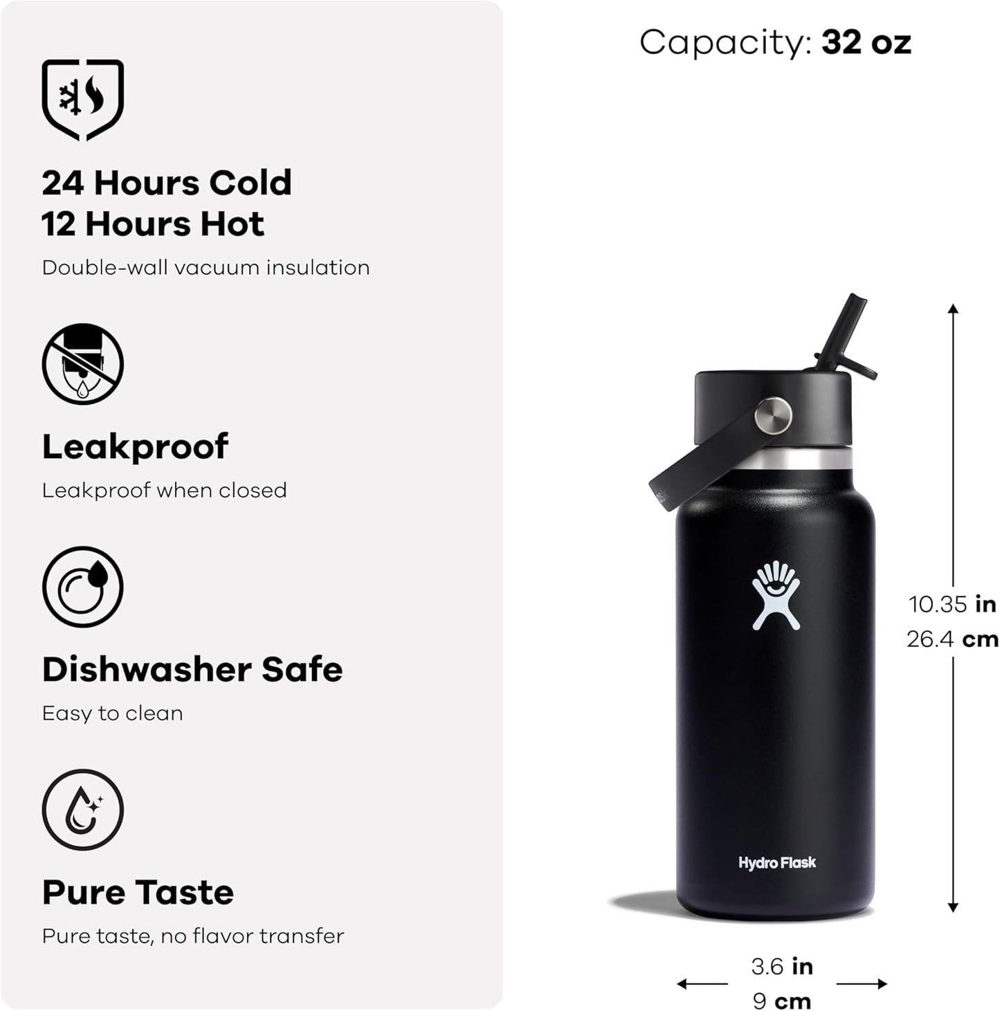Hydro Flask Water Bottle - Insulated Stainless Steel - Wide Mouth Flex Straw Lid, Non Spill, Leakproof and Refillable in 32 Oz Coconut Cream