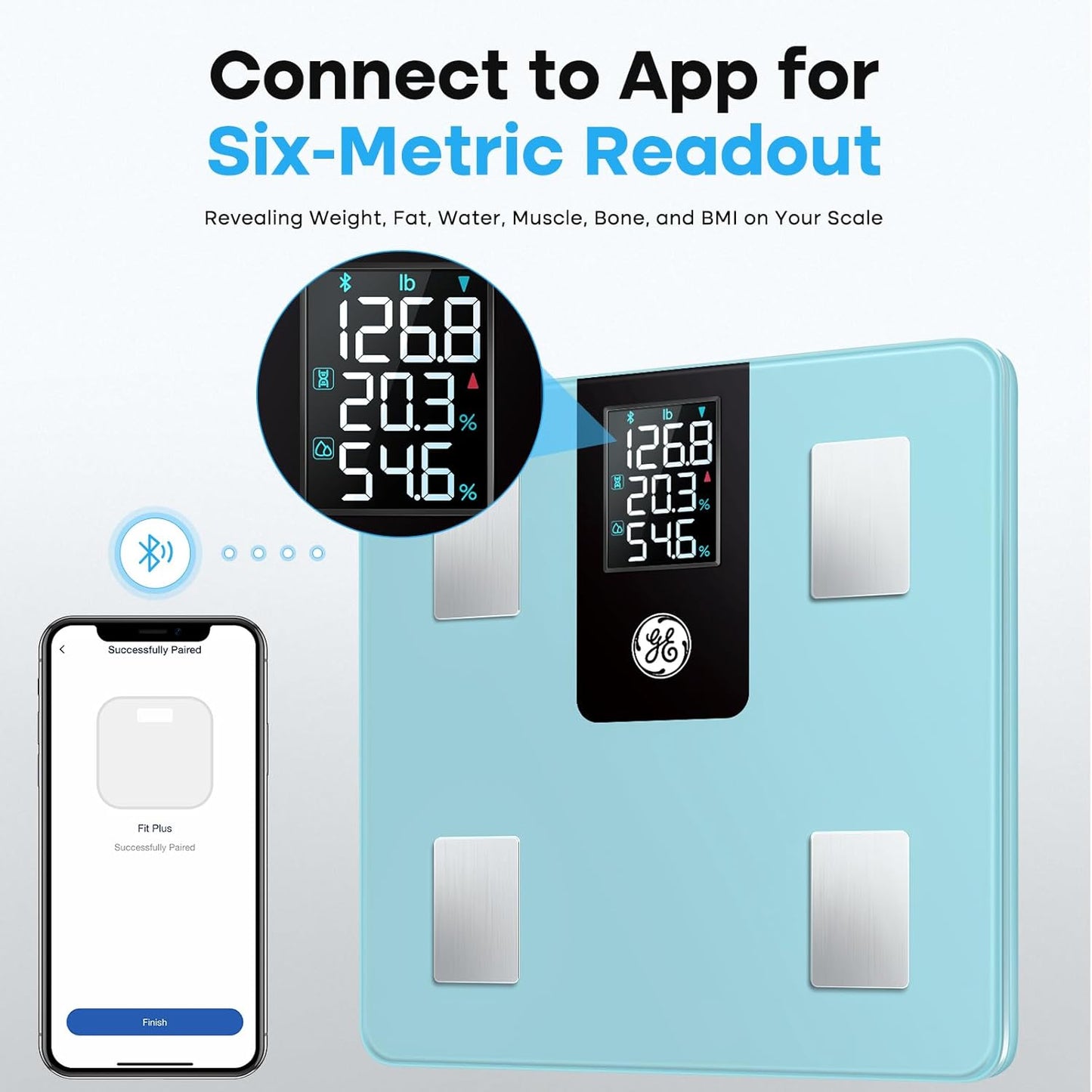 GE Smart Scale for Body Weight, BMI, Fat, Muscle Mass with 14 Metrics and All-in-one LCD Display, Digital Bathroom Scale Bluetooth Body Composition Analyzer with App, Accurate Weighing 400 lb Blue