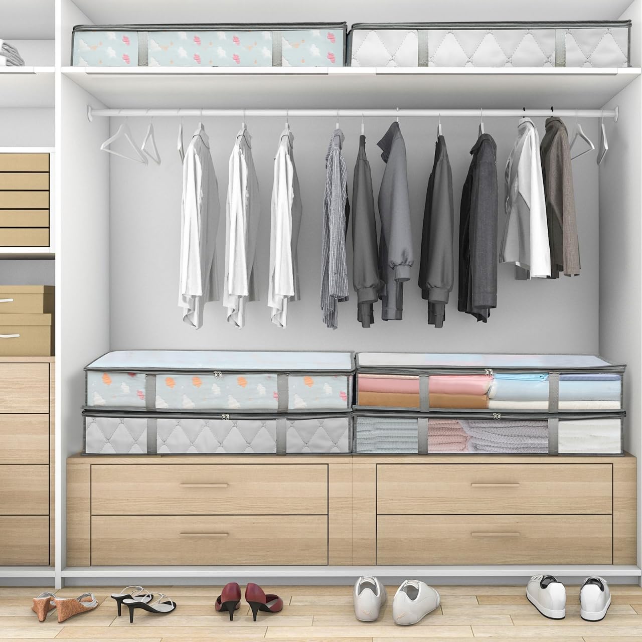 2 Pack Under Bed Storage Containers Bins, Humid-Proof Plastic Underbed Storage Bins, Clothes Storage and Organization Bags, Under the Bed Blanket Storage with Handles for Clothes, Bedroom, 70L