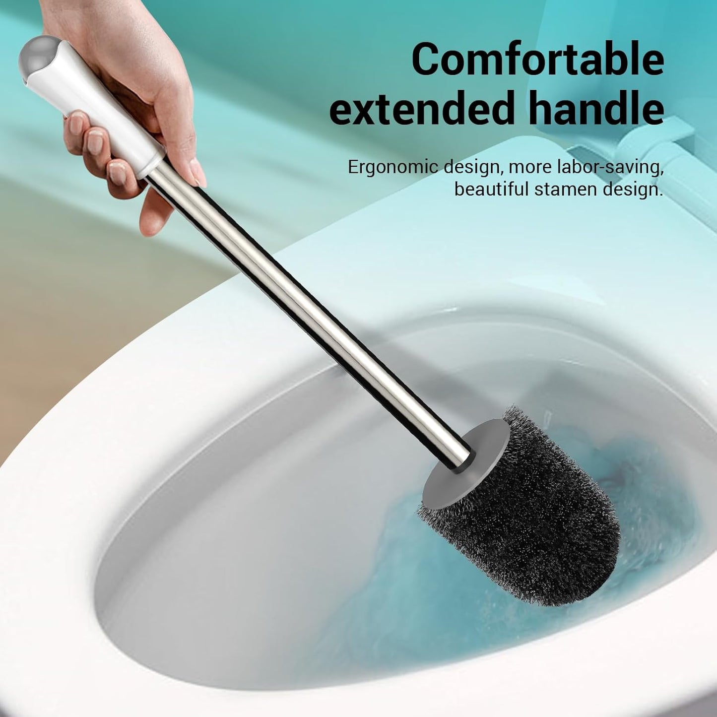 Toilet Brush and Holder Set, 2 Pack with Stainless Steel Handle Toilet Bowl Brush, Compact Toilet Scrubber Brush for Deep Cleaning Bathroom Restroom, Easy to Assemble White & Gray