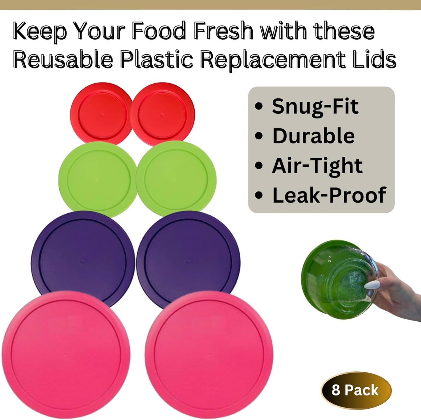 1, 2, 4 & 7 Cup Red, Spring Green, Purple, Pink Replacement Lids/Covers for Pyrex, Anchor Hocking & KlareWare Storage Bowls *Lids Only Glass Container Not Included* (8 Pack *Two of Each Size*)