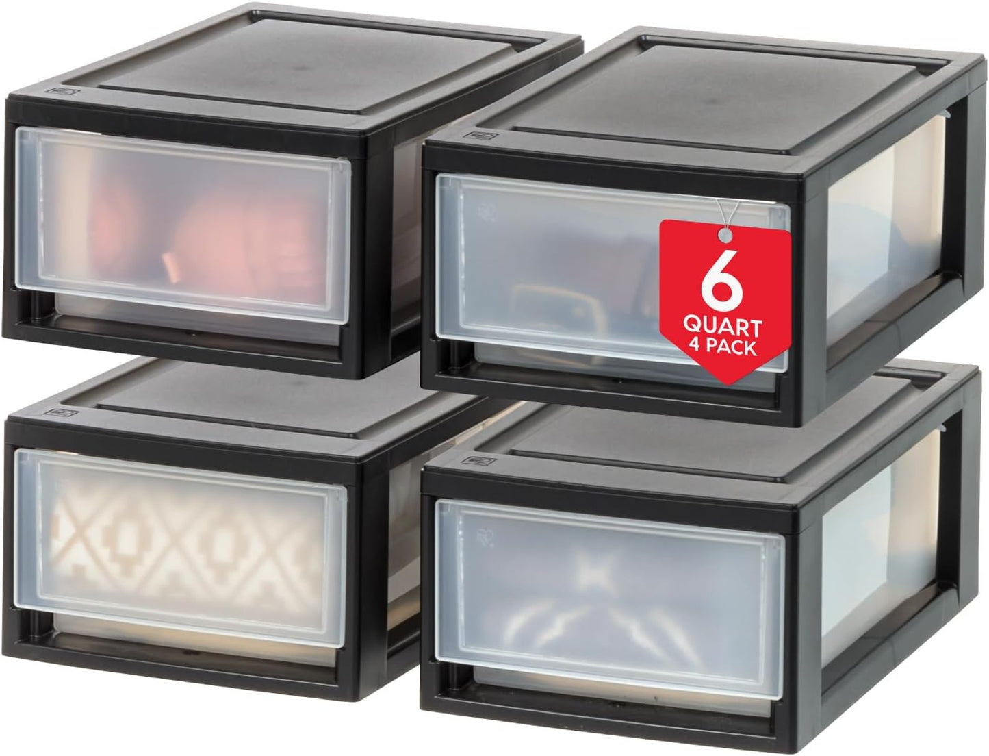 IRIS USA 6 Qt. Small Plastic Stacking Drawer, Stackable Storage Organizer Unit with Sliding Drawer for Bedroom Kitchen Under Sink Pantry Craft Room Dorm Office, Black, 4-Pack