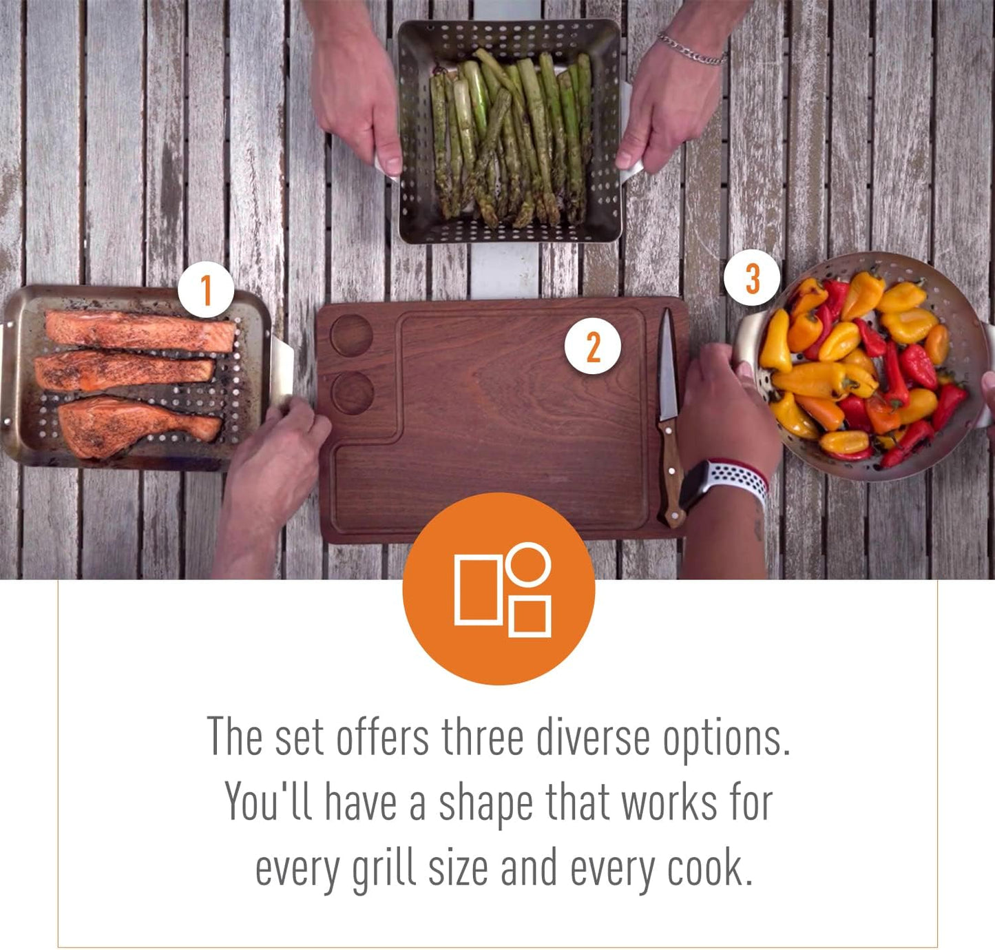 Yukon Glory 3-Piece Mini Grill Basket Set, Perforated Stainless Steel Vegetable BBQ Baskets With Grill Pan Topper, Square & Round, Dishwasher Safe