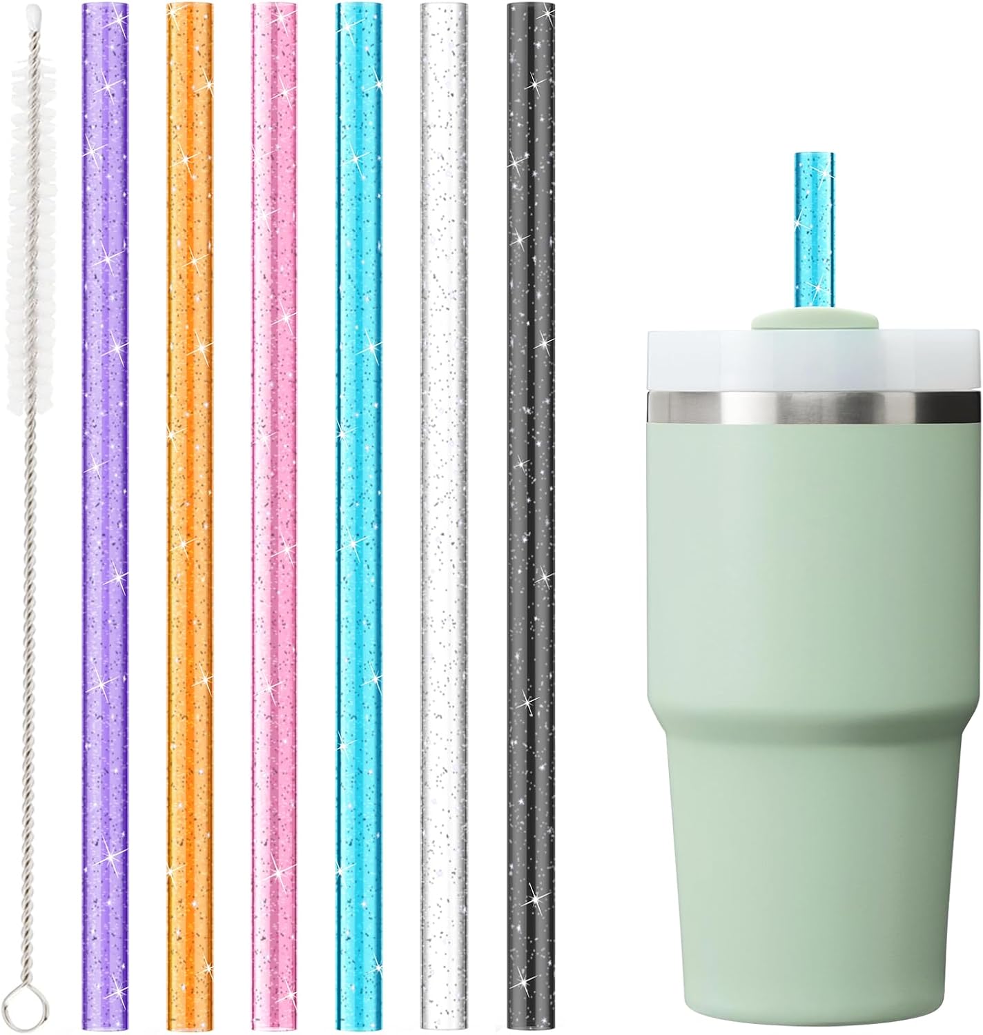 6Pack Glitter Replacement Straws for Stanley Cup 20oz 14oz Tumbler, Yoelike Reusable Straws Accessories with Clean Brush for Stanley Cup, Dishwasher Safe, BPA Free