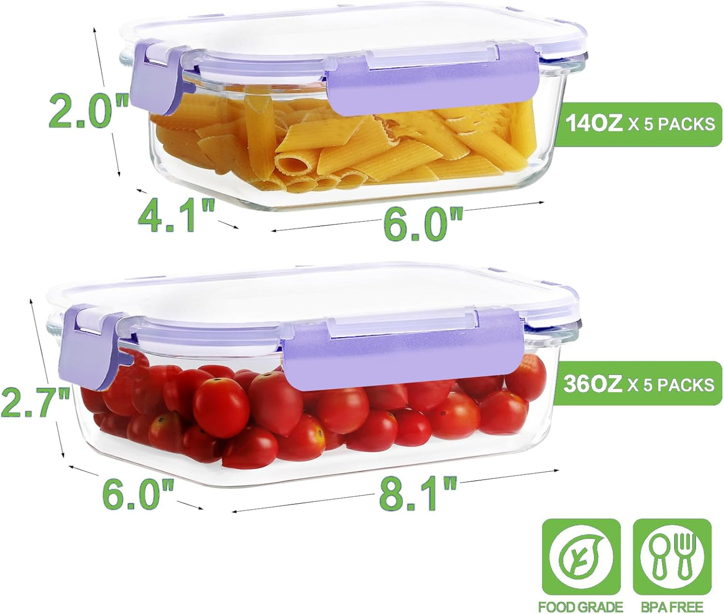 10 Pack Borosilicate Glass Meal Prep Containers with Locking Lids, Glass Food Storage Containers Set, Airtight Lunch Bento Boxes, BPA-Free & Leak Proof, 36oz & 14oz, Freezer, Oven Safe-Purple