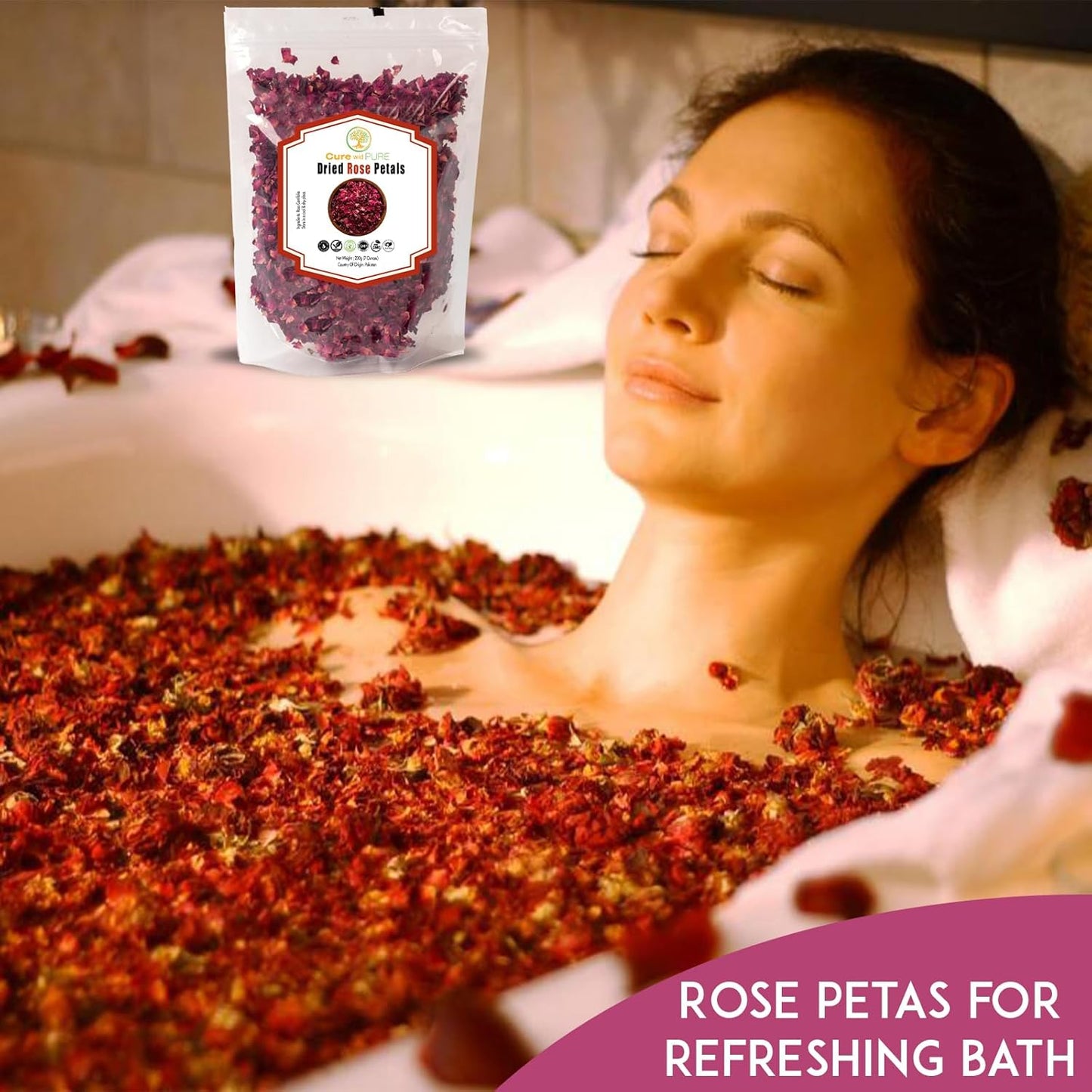 Cure Wid Pure Certified Organic Dried Rose Petals 7oz Food-Grade Edible Rose Petals for Tea,Cocktails,Baking,Skincare & DIY - Sun-Dried,Non-GMO,Gluten & Chemical-Free Edible Flowers in Resealable Bag