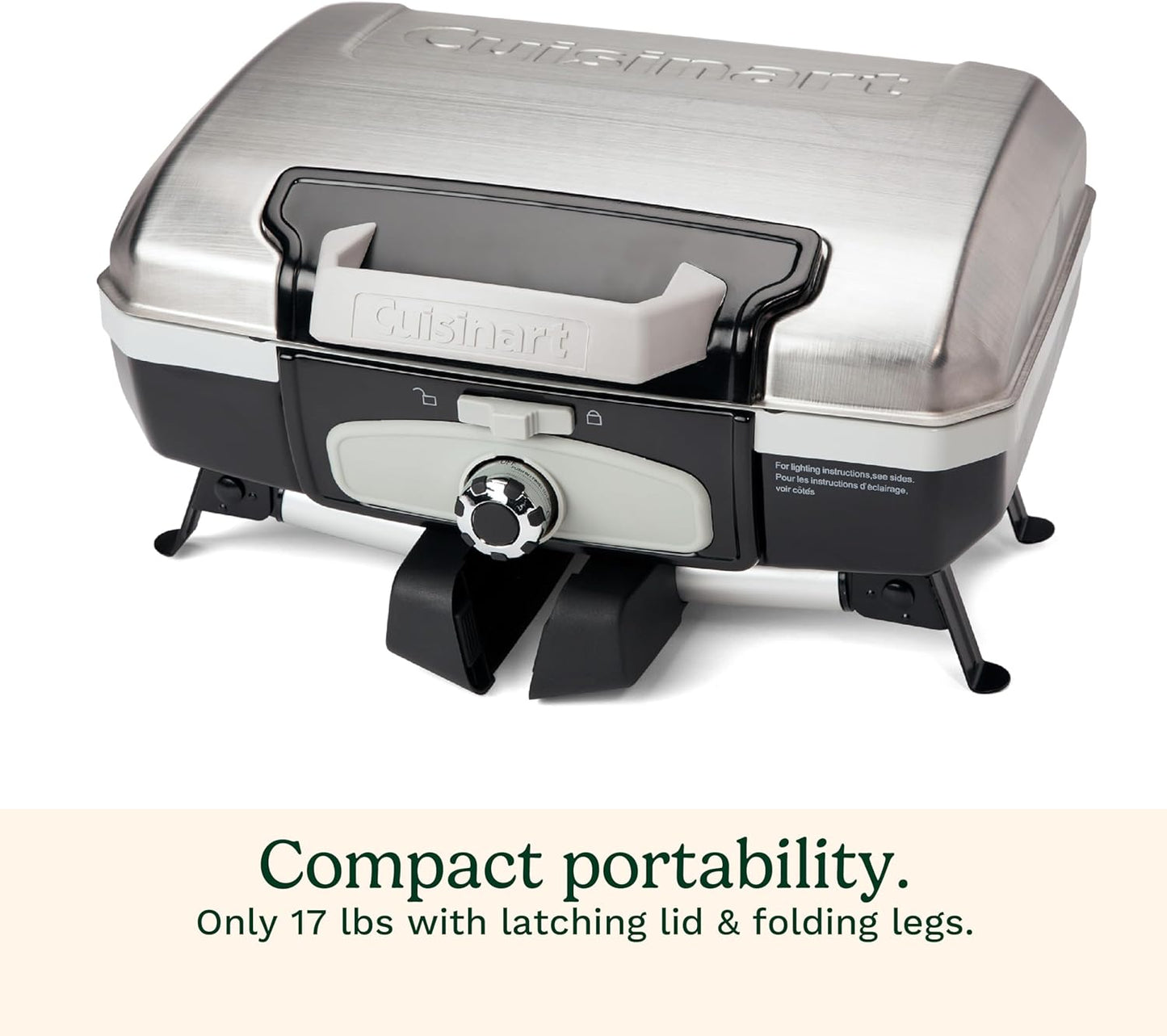 Cuisinart Petite Gourmet Portable Gas Grill, Compact Portable Grill Propane, 150 Sq. In. Cooking Surface, 5,500 BTU Burner Small Gas Grills for Camping, BBQ, Folding Legs and Carry Handles, Stainless
