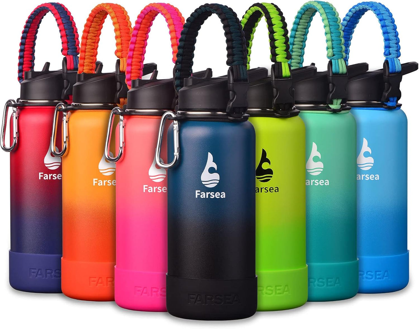 Farsea Insulated Water Bottle With Paracord Handle, Protective Silicone Boot and 2 Lids (Straw Lid & Spout Lid), Stainless Steel Water Bottle Wide Mouth, Double Wall Sweat-Proof BPA-Free, 32 oz