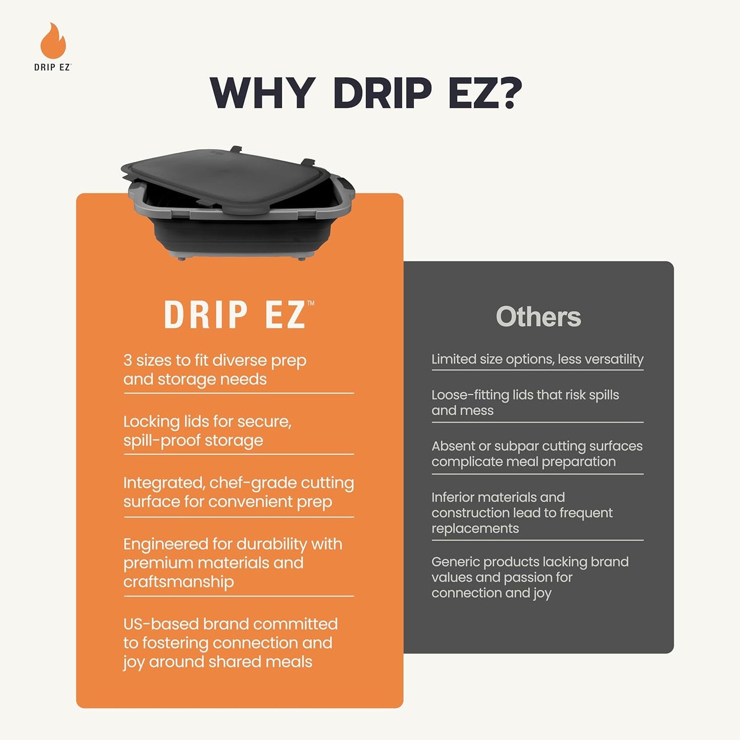 Drip EZ Collapsible BBQ Prep Tub - For Meal Prep, Marinating, Food Storage - Includes Cutting Board & Locking Lid - (1) OG - Sandstone