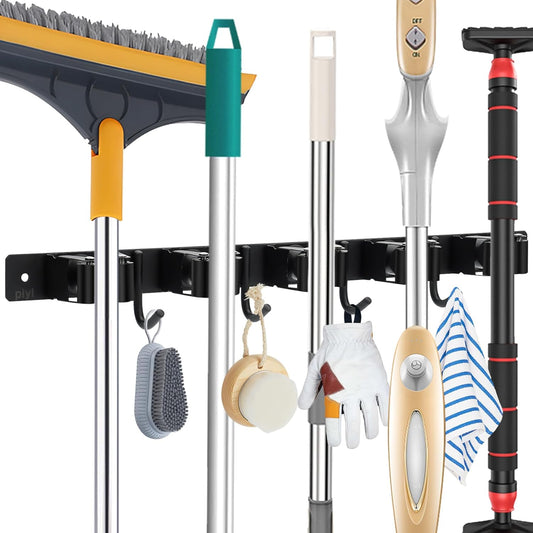 Piyl Mop and Broom Holder Wall Mount - 5 Racks and 4 Hooks Broom Hanger Mop Organizer Storage Tool Racks Stainless Steel Heavy Duty Utility Hooks for Home Kitchen Garden Laundry Garage Closet