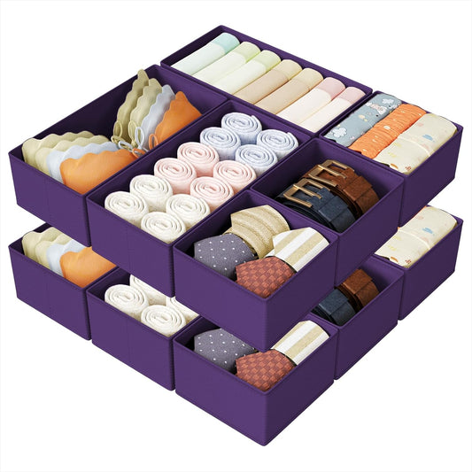 DIMJ Drawer Organizers Clothes, Set of 12 Dresser Organizer Bins, Fabric Closet Organizers and Storage, Shallow Drawer Dividers for Nursery, Clothing, Baby Clothes, Socks, Underwears, Tie (Purple)