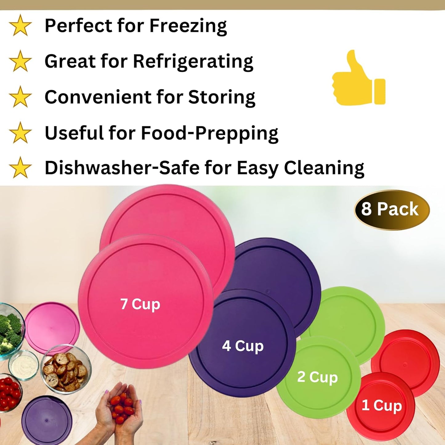 1, 2, 4 & 7 Cup Red, Spring Green, Purple, Pink Replacement Lids/Covers for Pyrex, Anchor Hocking & KlareWare Storage Bowls *Lids Only Glass Container Not Included* (8 Pack *Two of Each Size*)