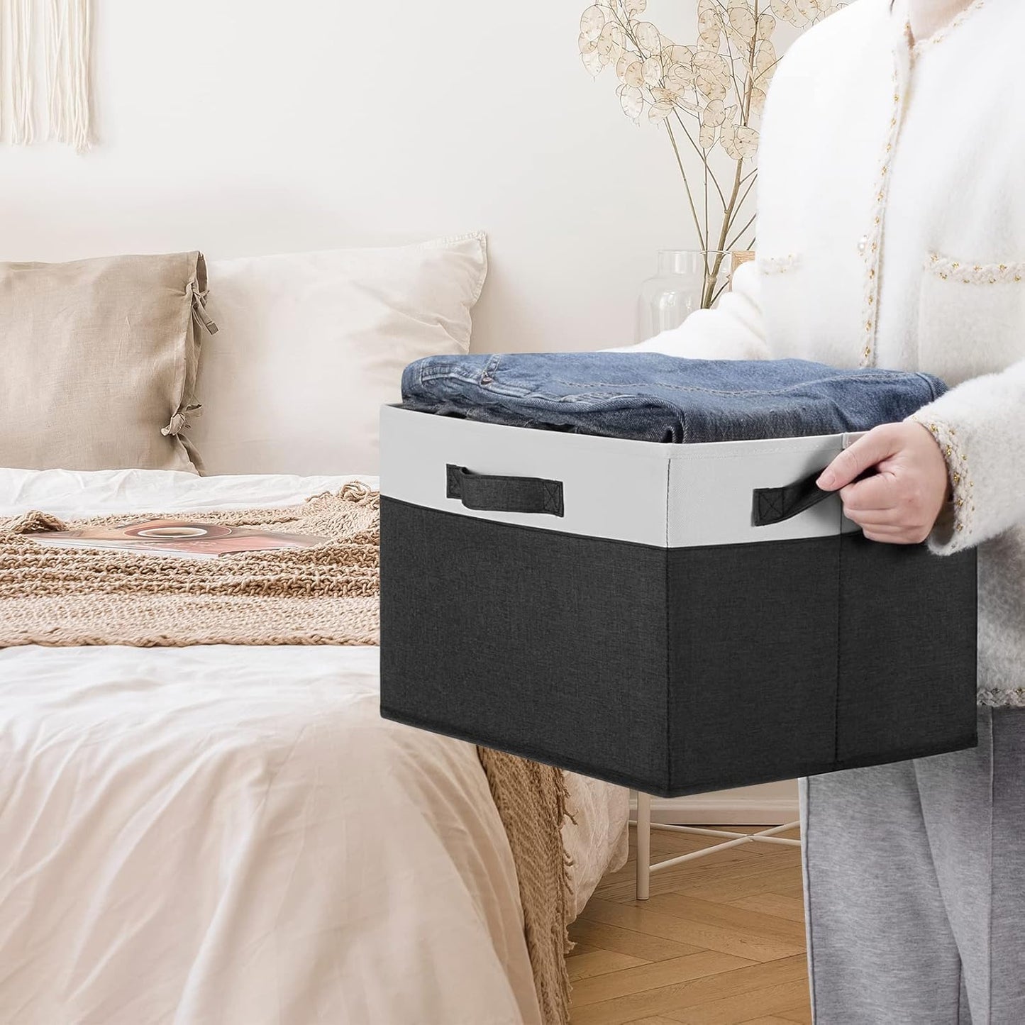 GhvyenntteS Large Storage Baskets for Shelves 3 Pack, Collapsible Fabric Storage Bins with 3 Handles, Decorative Closet Organizers and Storage bins for Clothes Blanket Beddings (Black, 15"x11"x9.6")