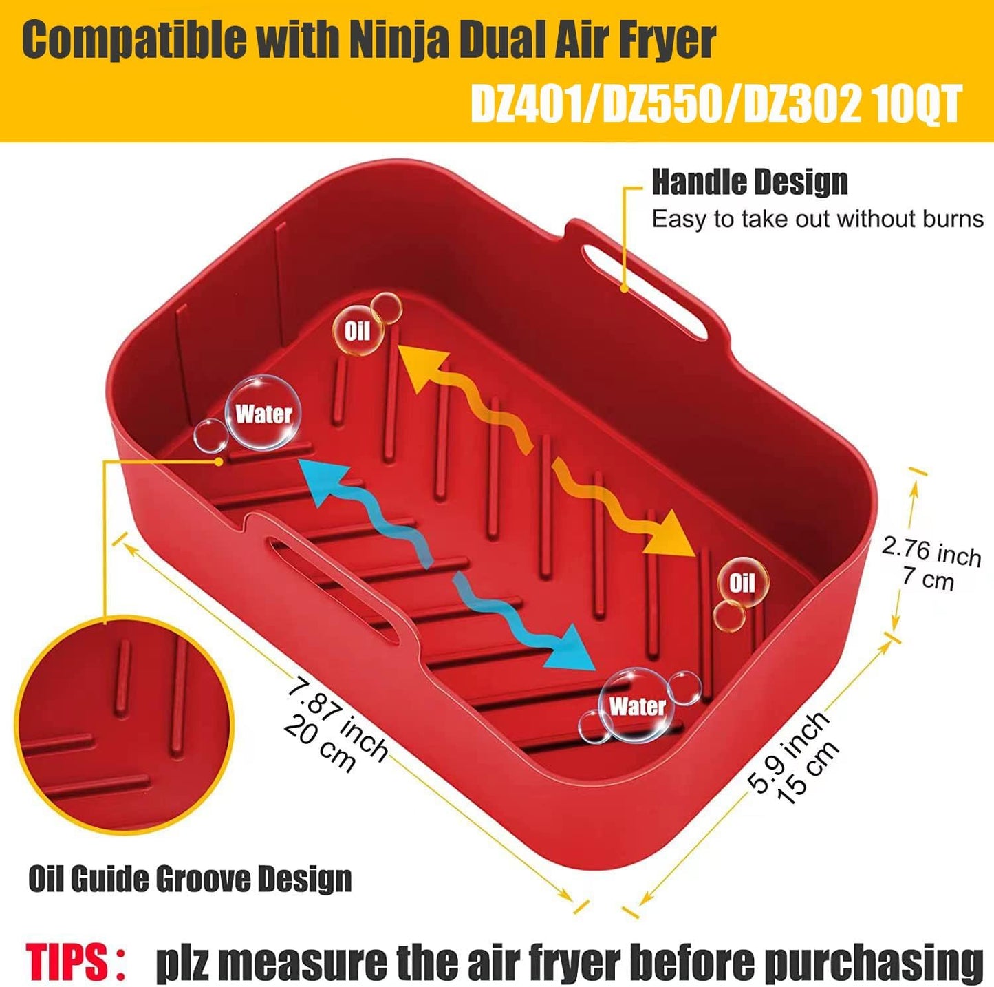 Air Fryer Silicone Liners 10 Quart for Ninja DZ550GY DZ550/DZ401/DZ302 Foodi DualZone XL 2-Basket,MMH 2PCs Reusable Rectangle Baking Tray Replacement Accessories for Ninja/Cosori 9-10QT Airfryer,Red