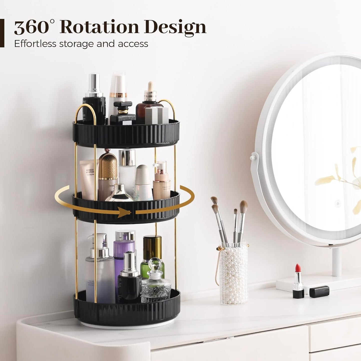 Aveniee 360 Rotating Makeup Organizer for Vanity, Large Spinning Bathroom Counter Organizer Shelf Holder for Cosmetics, Skin Care, Lipsticks,3 Tiers, Black