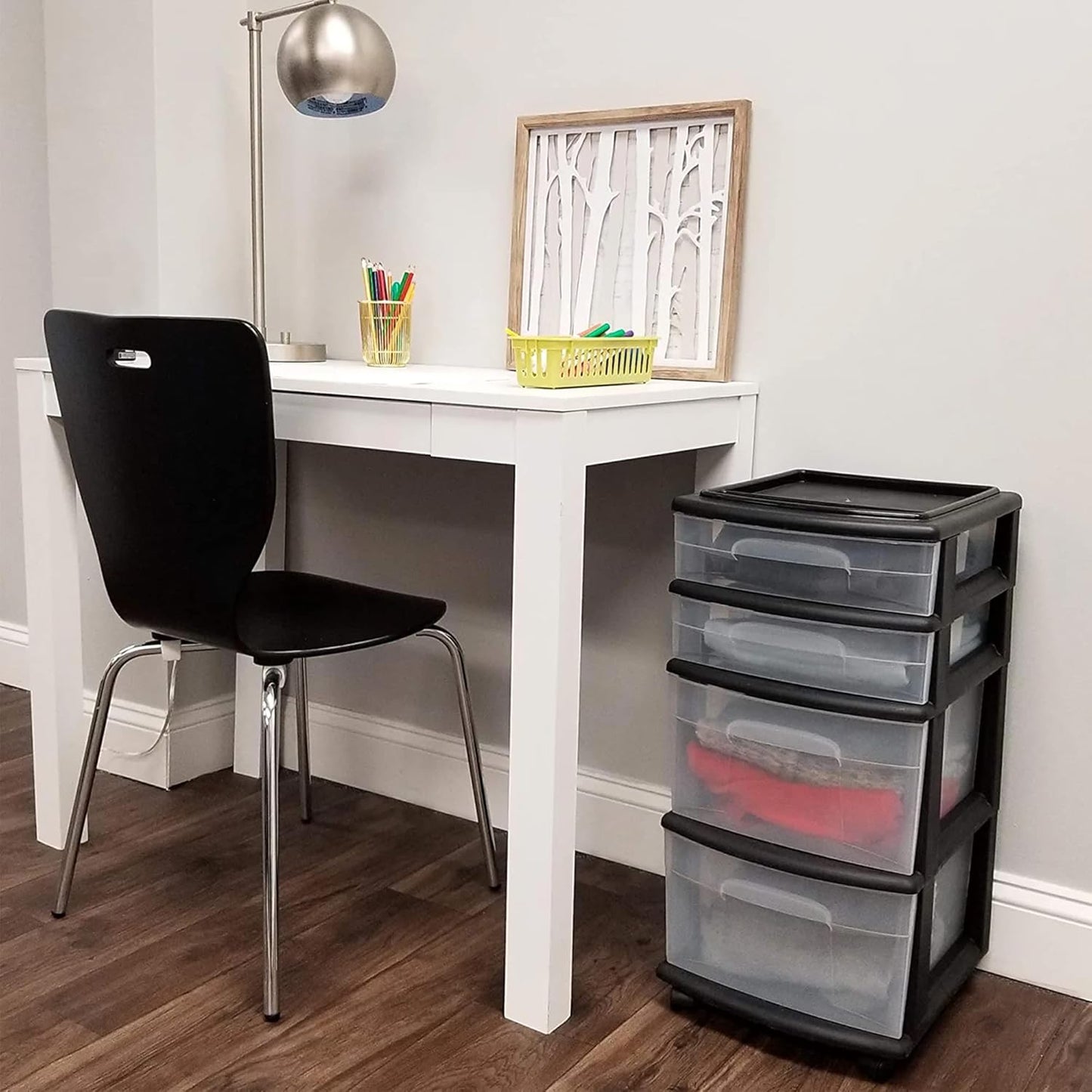 HOMZ 2-Pack Drawer Tower, 4-Tier Clear Plastic Storage Organizer Cart, Black Frame - Organizing Containers with Wheels for Home, Bathroom, Bedroom, Office, and Classroom