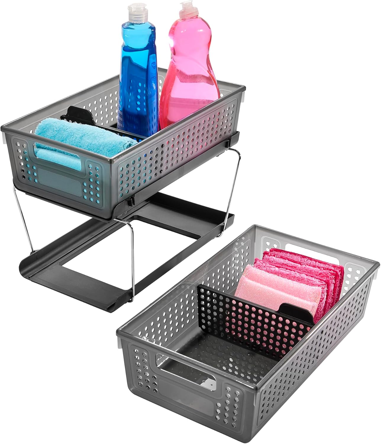 madesmart 2-Tier Organizer, Multi-Purpose Slide-Out Storage with Handles and Dividers for Home and Bath, Easy Assembly, BPA Free, Carbon