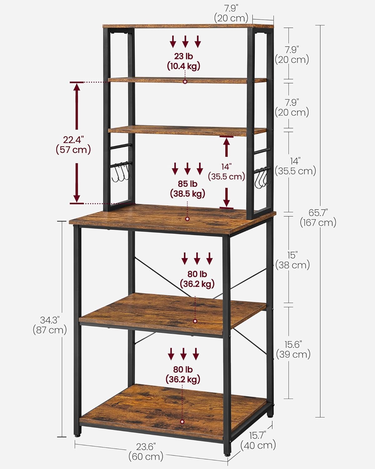 VASAGLE Coffee Bar, Baker’s Rack for Kitchen with Storage, 6-Tier Kitchen Shelves with 6 Hooks, Microwave Stand, Industrial, 15.7 x 23.6 x 65.7 Inches, Rustic Brown and Black UKKS024B01
