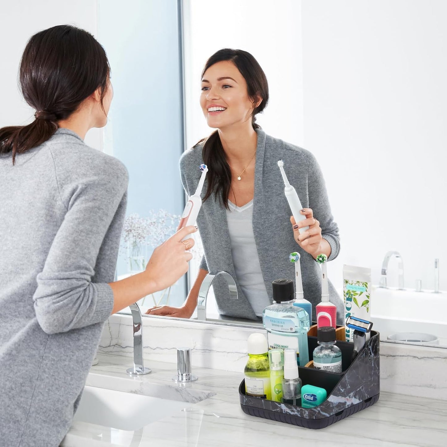 Chintu Toothbrush Holders for Bathroom Counter Organizer - 6 Slots Tooth Brushing Holder for Family Kids, Electric Toothbrush and Toothpaste Holder for Vanity Countertop Storage Black Marble