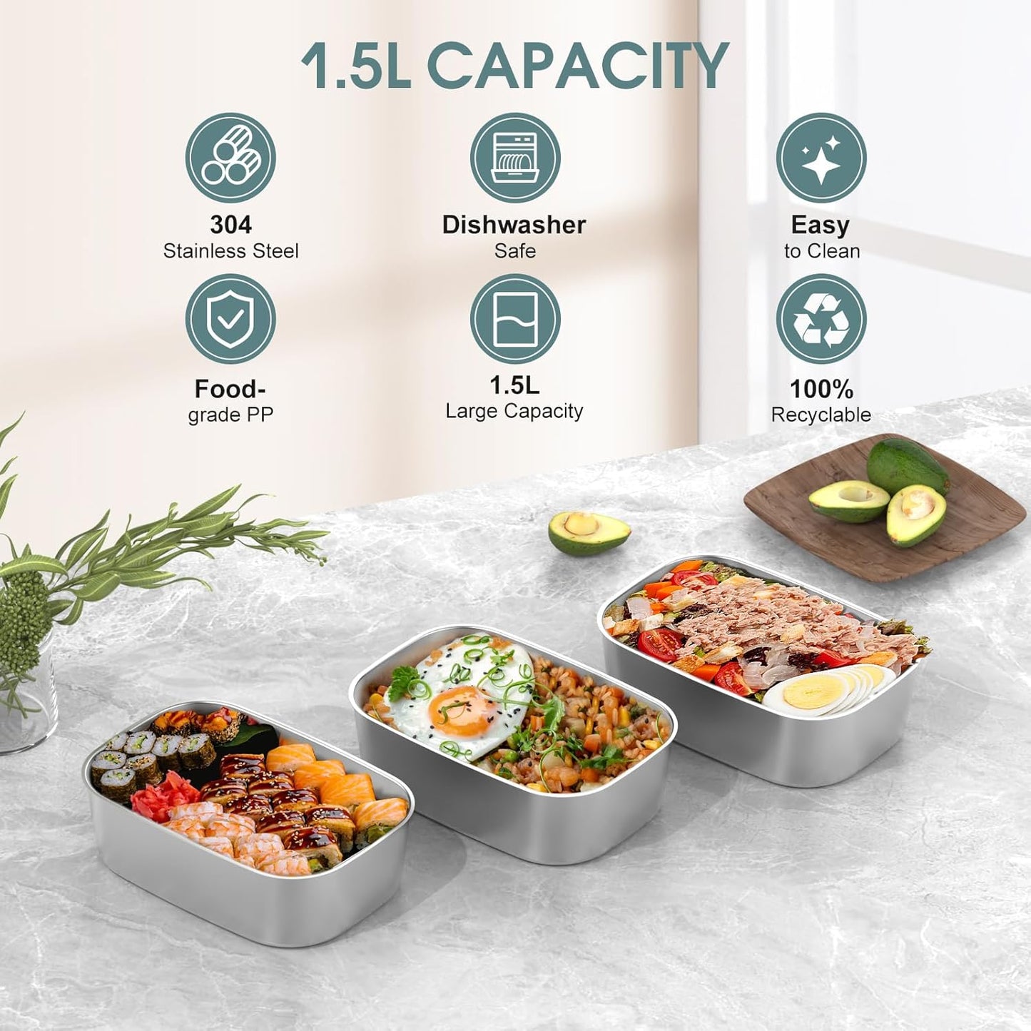 (Only for 1.5L Electric Lunch Box) 1.5L 304 Stainless Steel Inner Container for Electric Lunch Box, Removable Replacement Tray, Easy to Clean, Eco Friendly and Dishwasher Safe