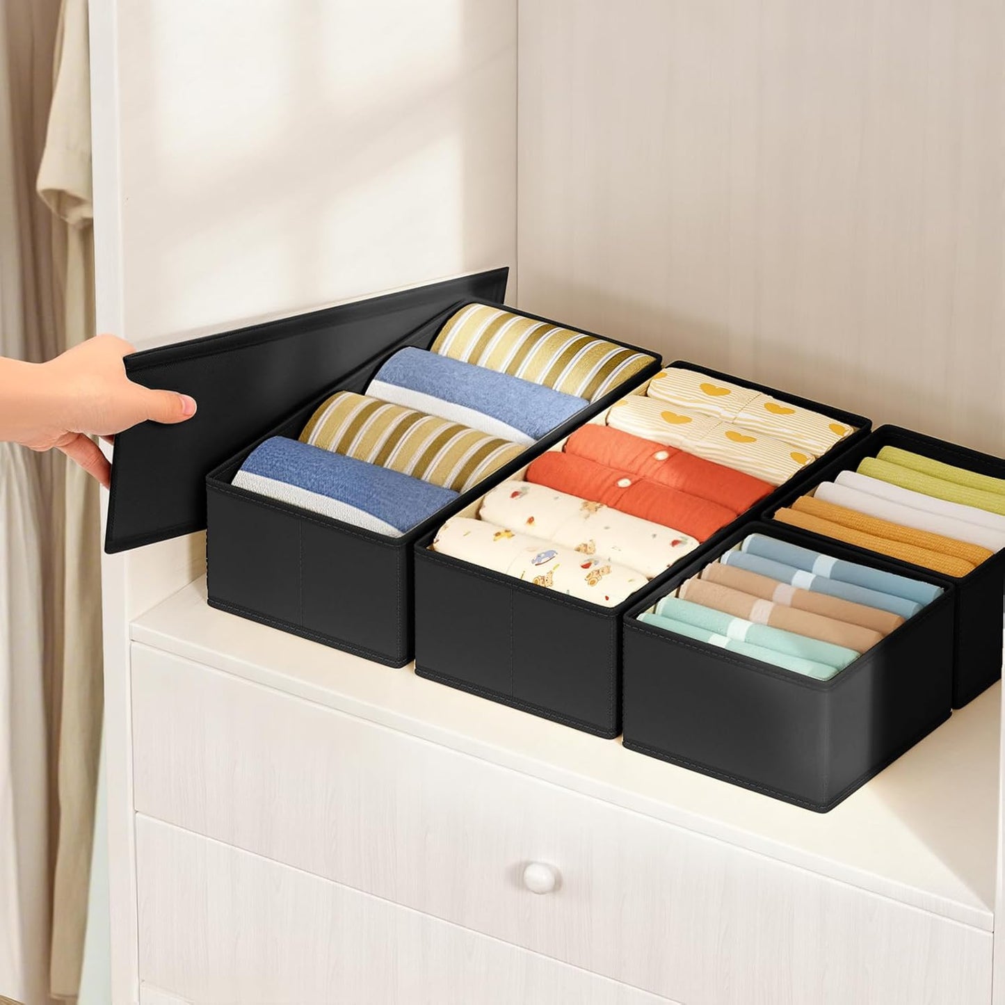 DIMJ Drawer Organizers Clothes, Set of 16 Dresser Organizer Bins, Fabric Closet Organizers and Storage, Shallow Drawer Dividers for Nursery, Clothing, Baby Clothes, Socks, Underwears, Tie (Black)