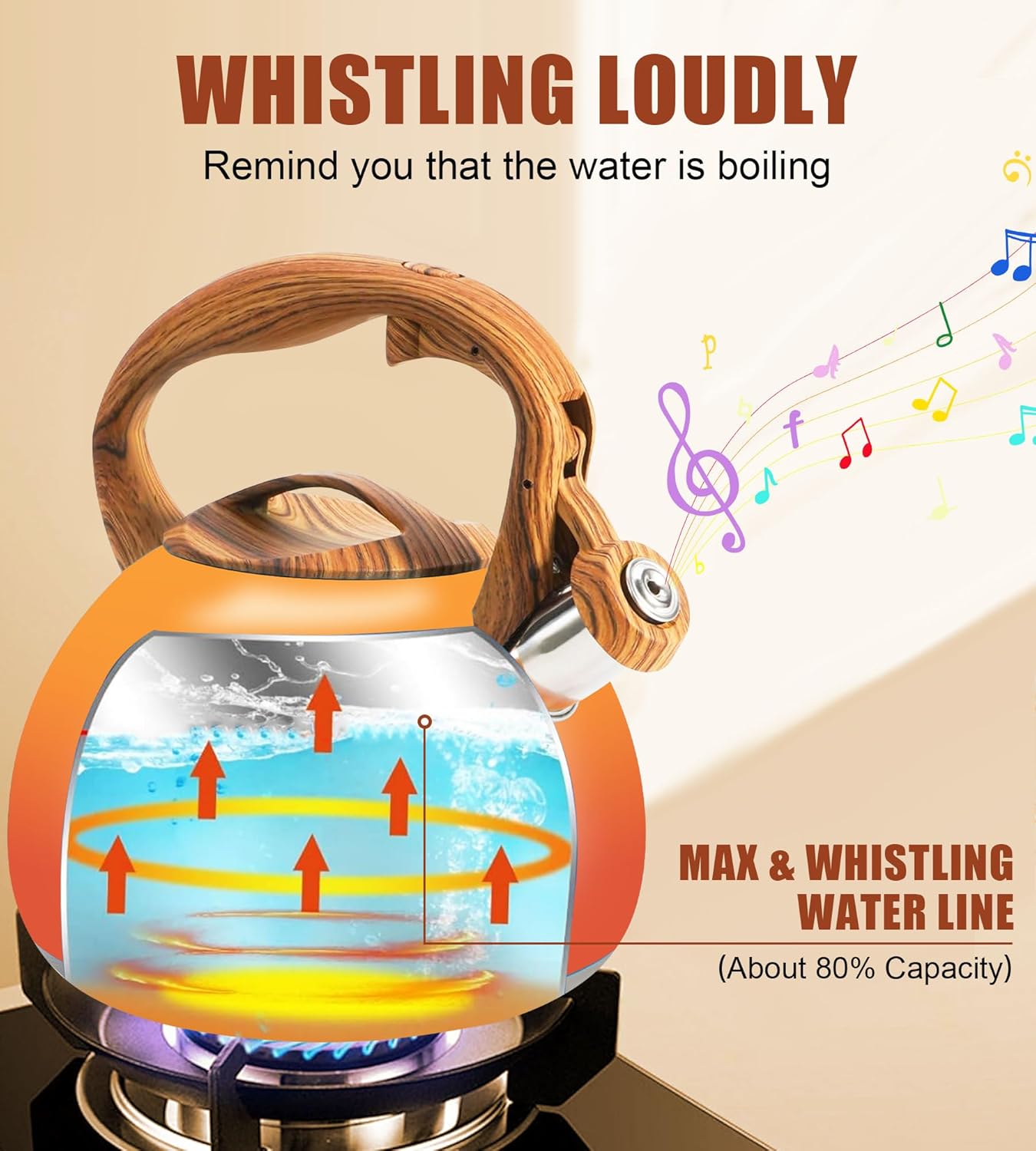 Tea Kettle Stovetop, 3.2Qt Stainless Steel Tea pots with Wood Grain Handle Food Grade Whistling Tea kettle,Induction/Gas Stoves (Orange-Red Gradient)