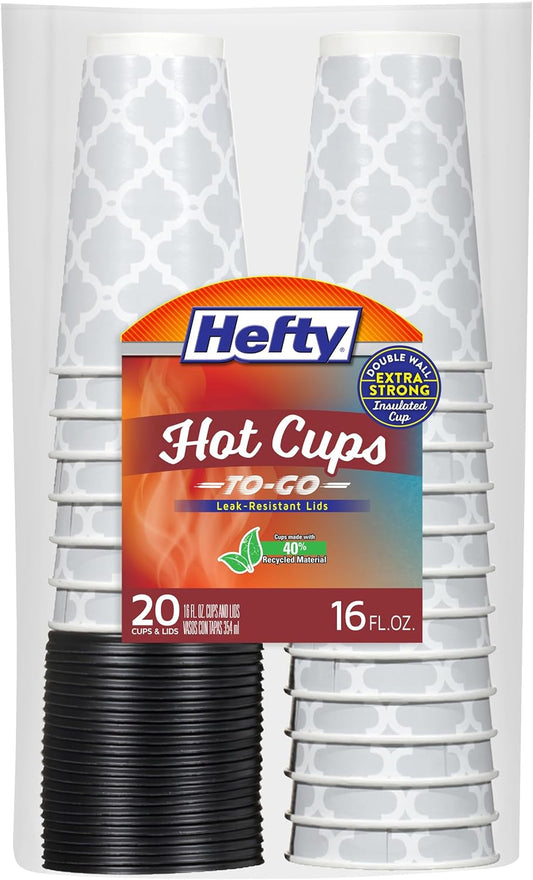 Hefty Paper Disposable Hot Cups with Lids, Leak-Resistant Disposable Coffee Cups, Double Insulated To Help Prevent Burning, Tight-Fitting Lid Helps Prevent Sloshing and Spills, 16 Ounce, 20 Count