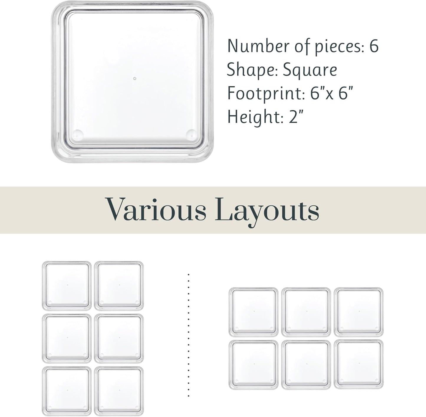 STORi SimpleSort 6-Piece Stackable Clear Drawer Organizer Set | 6" x 6" x 2" Square Trays | Small Makeup Vanity Storage Bins and Office Desk Drawer Dividers | Made in USA