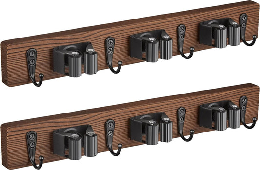2 Pack Mop Broom Holder Wall Mount with 3 Slots & 4 Hooks - Rustic Wood Broom Mop Hanger for Pantry Kitchen Organization - Garden Tool Organizer for Closet Laundry Room