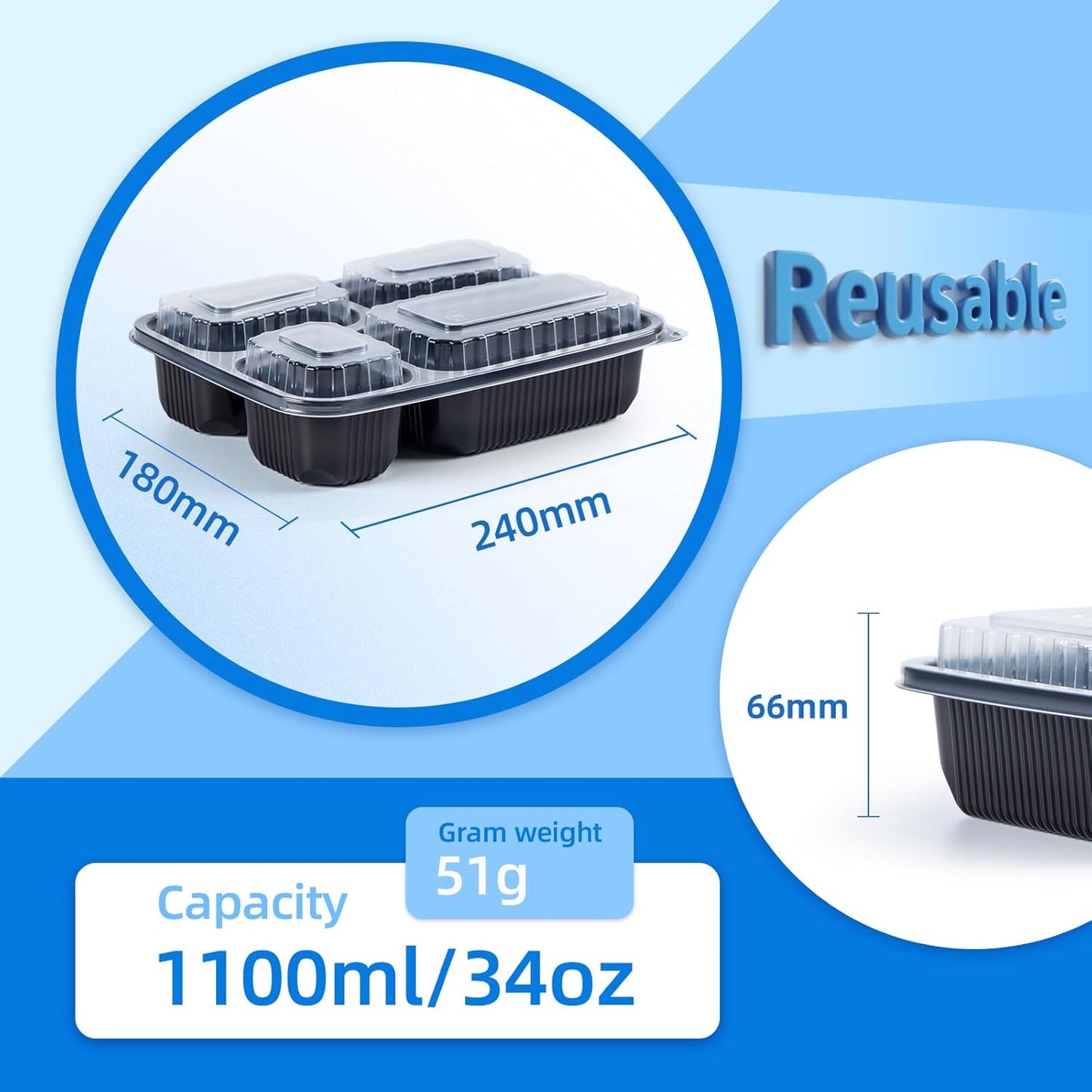 YANGRUI Meal Prep Container with Lid 40 Pack 34 oz - Reusable 4 Compartment Quad Seal Leak Defense Food Containers | BPA Free Flexible PP Plastic | Shrink Wrap Microwave & Dishwasher Safe Takeout Box