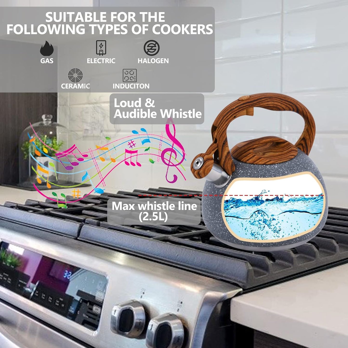 Tea Kettle, 3.2 Quart Whistling Tea Kettle Stovetop, Tea Pots for Stove Top Food Grade Stainless Steel with Wood Pattern Handle, Grey Teapot