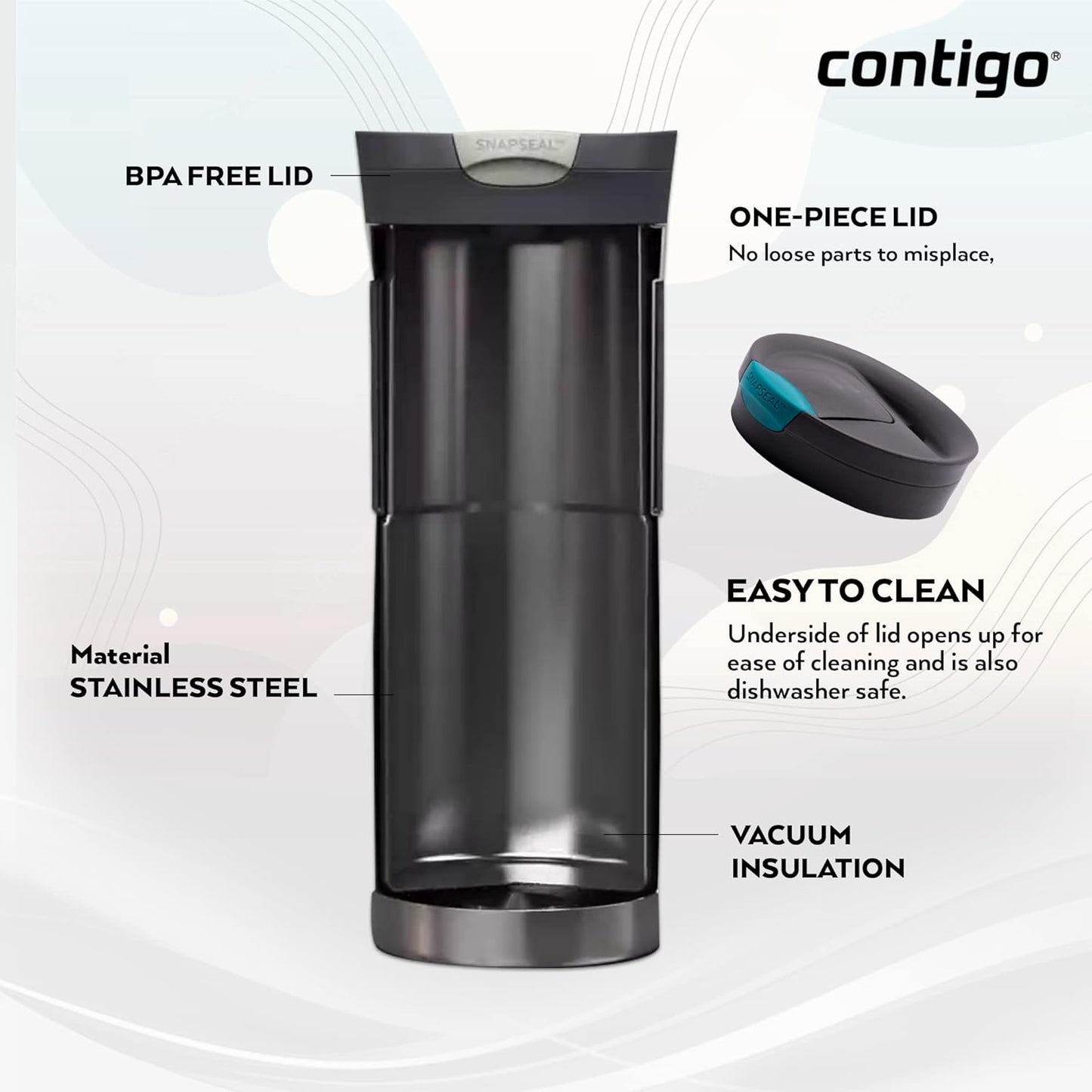 Contigo Byron Snapseal Travel Mug, Stainless Steel Thermal mug, vacuum flask, leakproof tumbler, coffee mug with BPA free Easy-Clean Lid, 470 ml, Biscay Bay