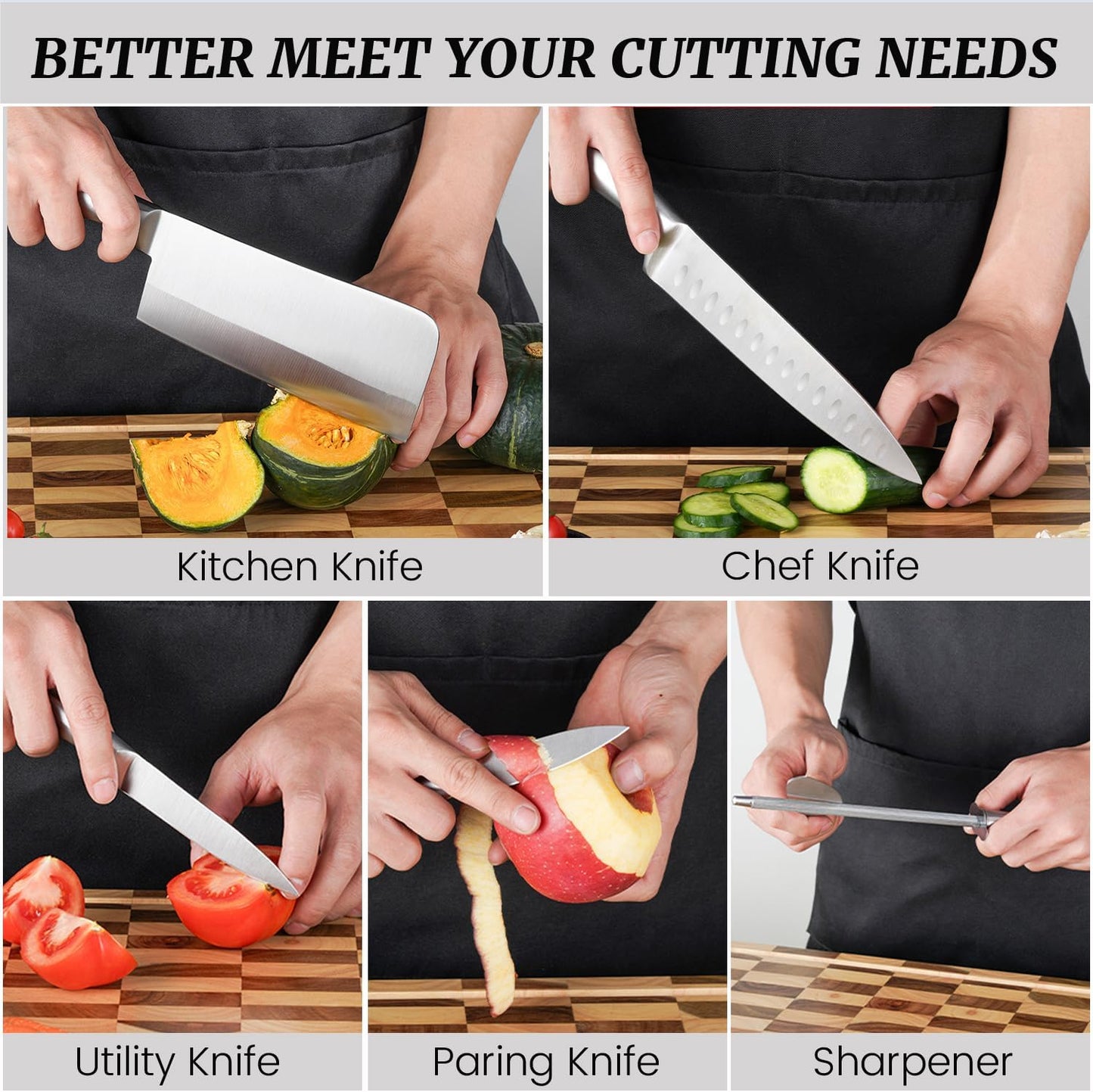 Kitchen Knife Set, Retrosohoo 9-Piece Silver Sharp Non-Stick Coated Chef Knives Block Set,Stainless Steel Knife Set for Kitchen with Sharpener for Cutting Slicing Dicing Chopping (Silver)