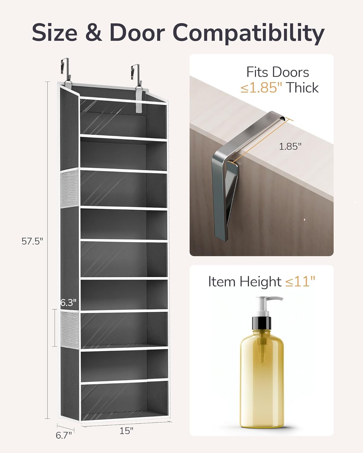 ULG Clear Over The Door PVC Organizer with 4 Pockets Hanging Storage for Bathroom, Closet, or Bedroom，Dark Gray