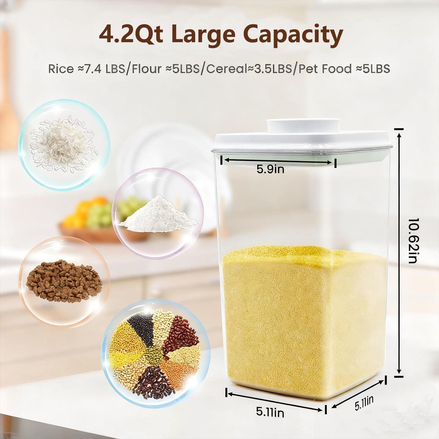 Large Pop Airtight Food Storage Containers Set with Lids, 4.2Qt Food Containers with Scoop, Kitchen Pantry Organization and Storage, BPA Free Stackable Cereal Container