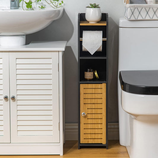 AOJEZOR Toilet Paper Holder Stand: Small Bathroom Storage Cabinet - Black - Bamboo