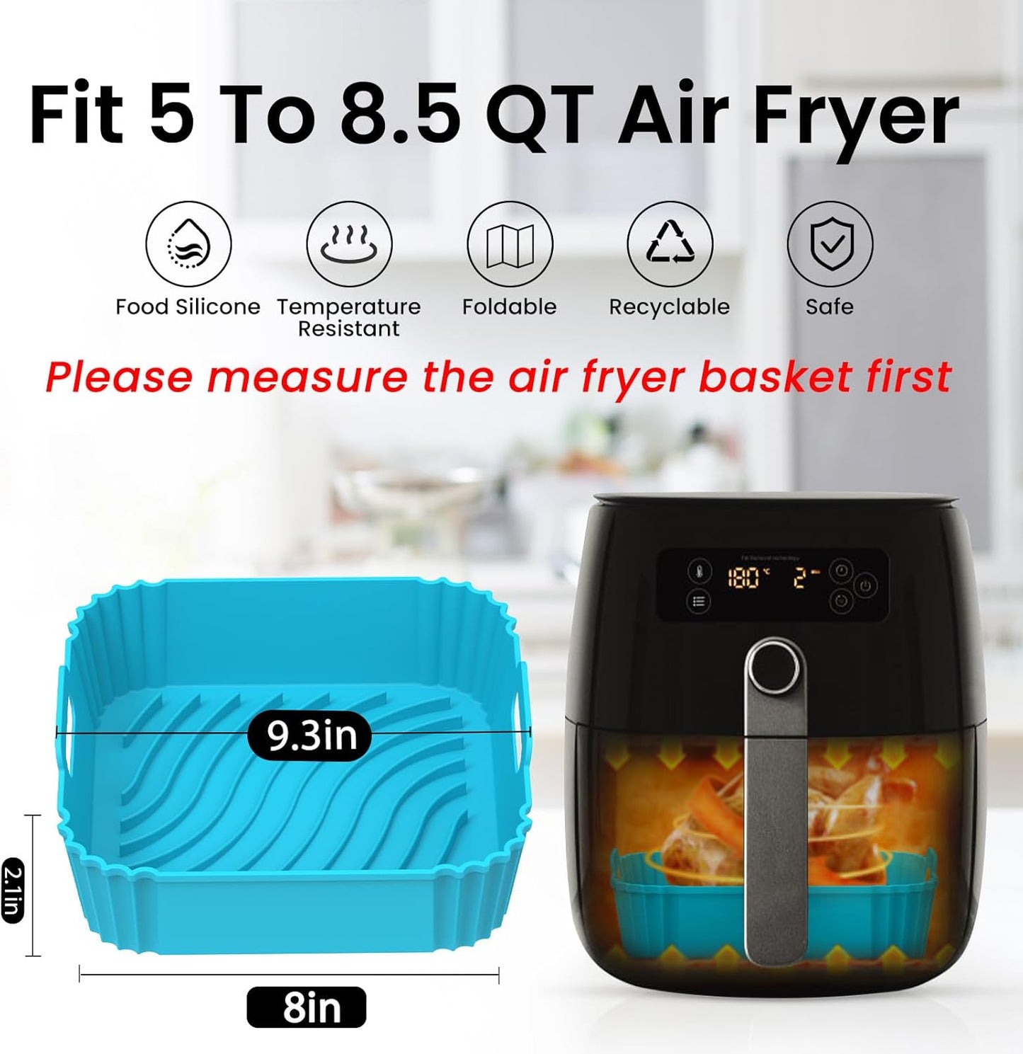 Redfly Air Fryer Silicone Liners, 9.3 Inch Square Airfryer Liners, Silicone Air Fryer Liners Reusable for 6-8 QT, Air Fryer Accessories Replacement for Parchment, Airfryer Liners Silicone Red&Blue