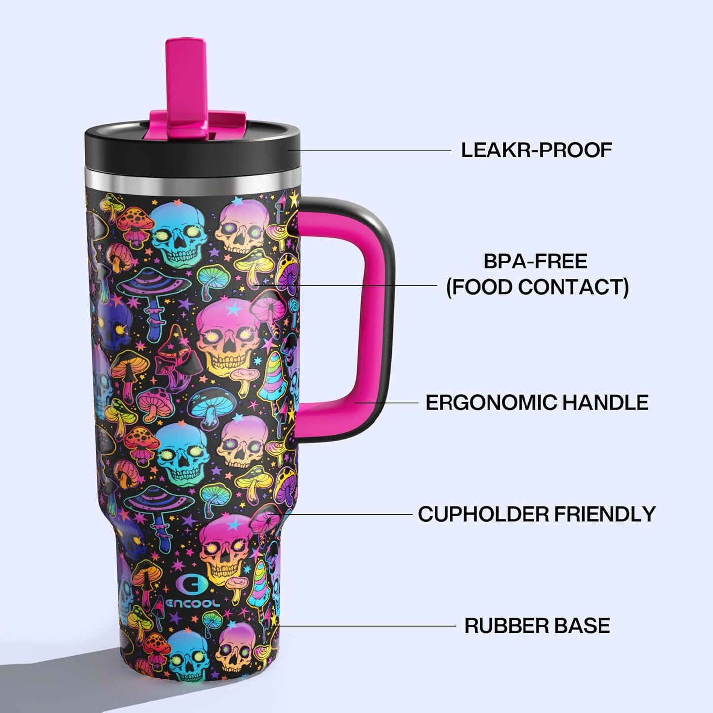 ENCOOL 40 oz Tumbler with Handle and Straw: Stainless Steel Insulated Tumbler Keeps Cold for 24 Hours, Leakproof Travel Cup Fits in Cup Holder and BPA-Free, Trippy Skulls