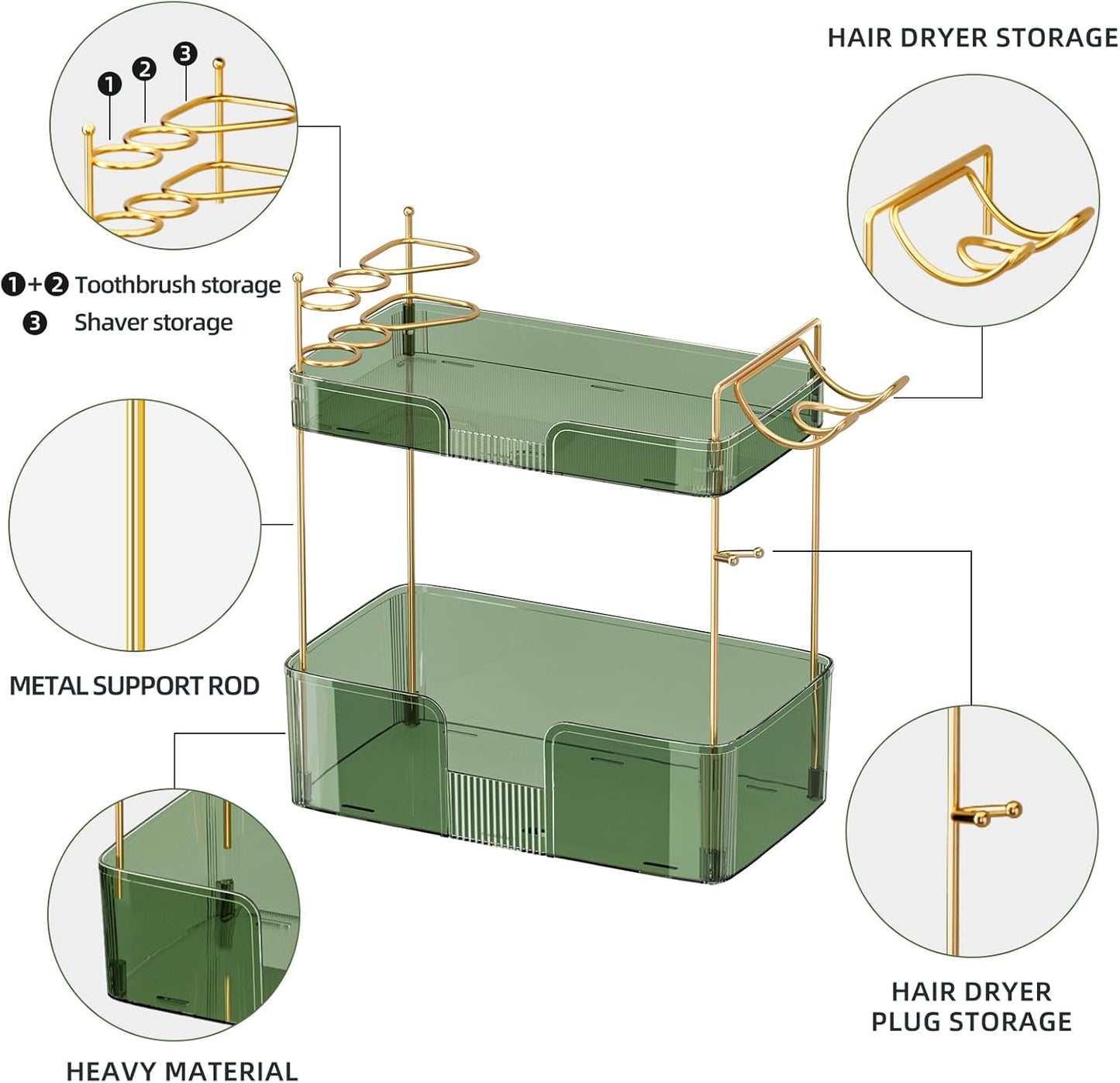 2 Tier Bathroom Counter Organizer with Hair Dryer Holder, Modern Style, Countertop Mount, 2 Shelves, Green
